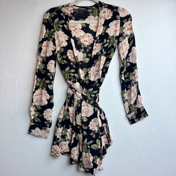 Reformation Dark Floral Wrap Dress Womens Small Deep V Whimsigoth Cottage Mini - Picture 2 of 13